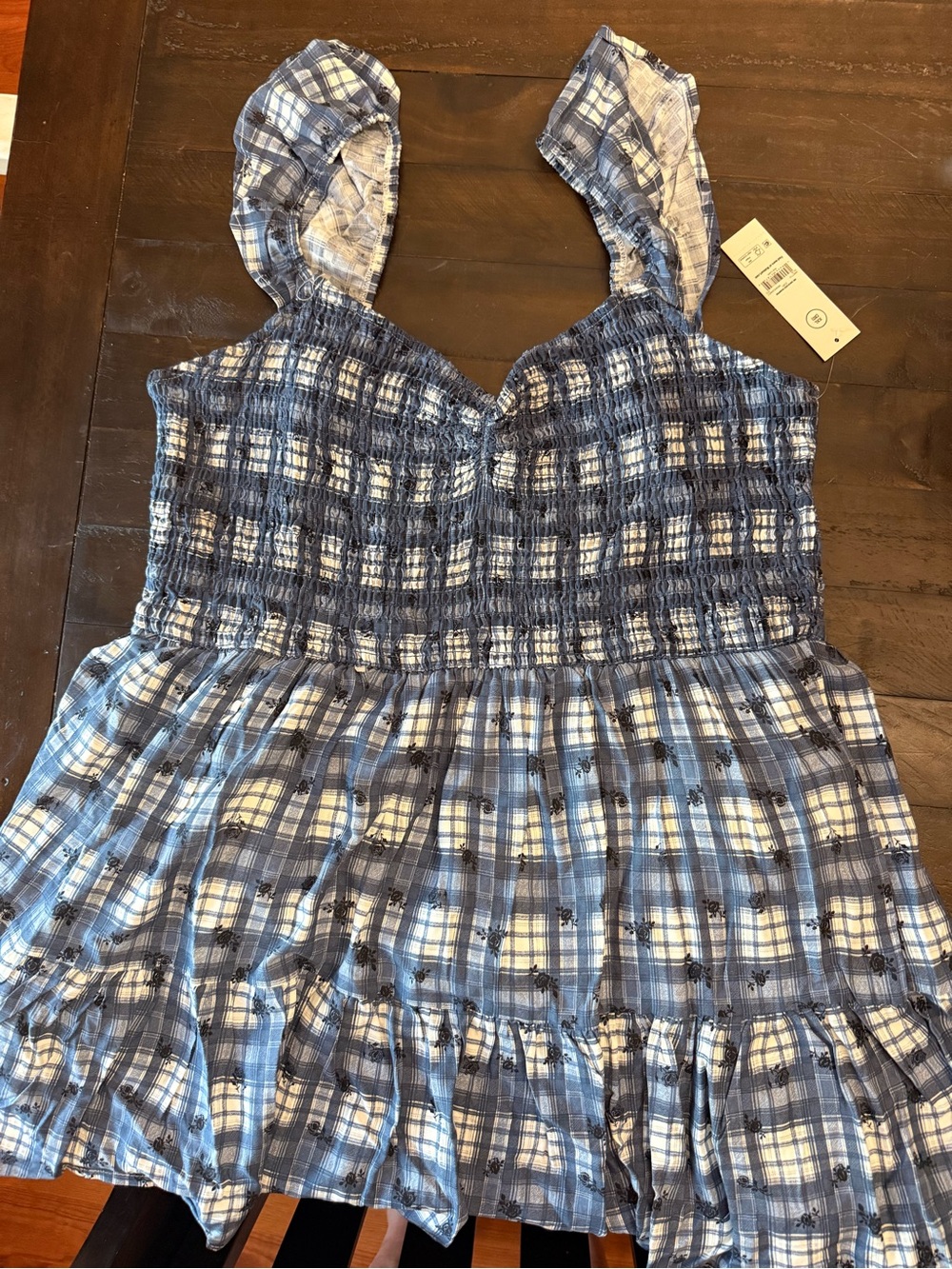 Blue Plaid Smocked Sundress with Ruffle Straps